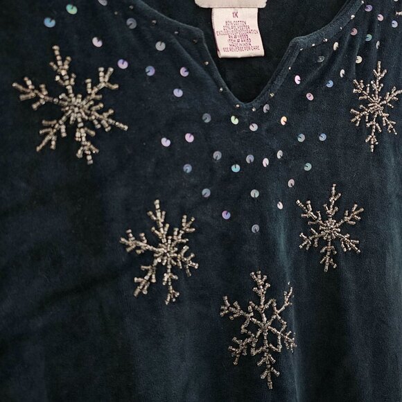 Quacker Factory Velvet Robe 1X Beaded Snowflake Teal Navy Blue Pockets Modest - Picture 5 of 12